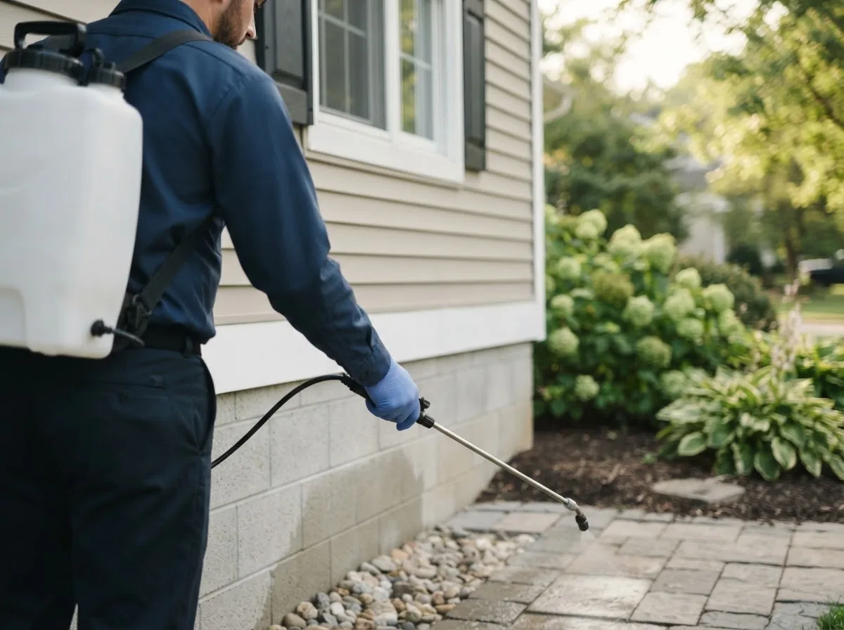 Pest control technician inspecting a home in Pocola, OK